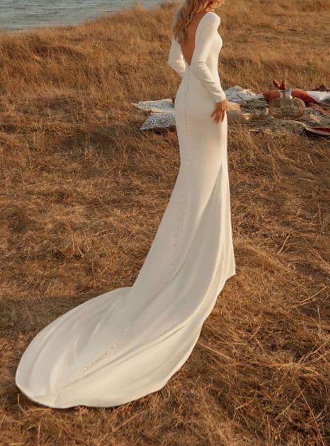 Satin Backless Wedding Dress, Backless Wedding Dress With Sleeves, Wedding Dresses Mermaid Trumpet, Mermaid Wedding Dress With Sleeves, Mermaid Trumpet Wedding Dresses, Plus Size Wedding Dresses With Sleeves, Jeweled Wedding Dress, Column Wedding Dress, Long Sleeve Bridal Gown