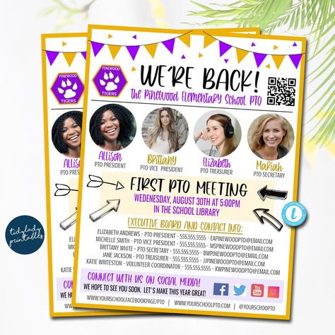 introducing ptsa board members - Google Search Pto Flyer Template Free, Pta Flyer Ideas, Pta Templates Free Printable, Pta Social Media Posts, Pto Back To School For Teachers, Pta Room Decor, Join Pta Flyer, Pto Board Introduction, Pto Flyers Join