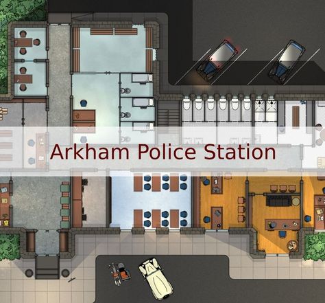 Welcome to Arkham's police station! I hope you are here to report a crime. Unless you did something wrong and you ended up in a cell of this police station. You can practice your target in the shooting range in the basement or you can find some weapons in the armory. Maps Rpg, Dnd World, Dnd World Map, Basement Floor Plans, Rpg Map, Modern Map, A Cell, Police Station, The Basement