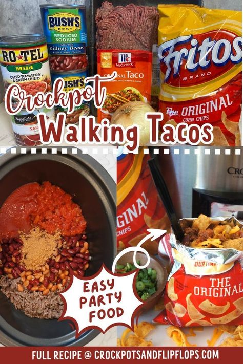 This Crockpot walking taco recipe from Crock Pots And Flip Flops is a delicious lunch or dinner option! This easy slow cooker meal is layered with Fritos chips and toppings like cheese, sour cream, and green onions to make an out-of-this-world Mexican casserole. This family-friendly ground beef walking-taco recipe is perfect for any occasion and makes dinner time quick and easy! Try it today! Easy Slow Cooker Meal, Frito Recipe, Walking Tacos Recipe, Walking Taco Casserole, Ground Beef Crockpot Recipes, Walking Taco, Walking Tacos, Easy Crockpot Dinners, Best Crockpot Recipes