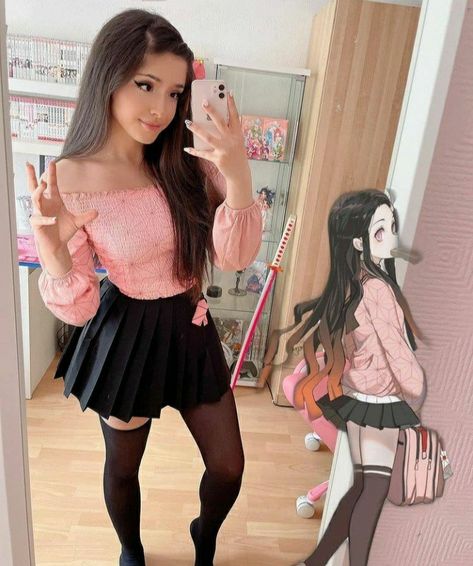 Nezuko Outfit Inspired, Nezuko Rave Outfit, Barbie Fashion Inspired Outfit, Diy Nezuko Costume, Nezuko Cosplay Outfit, Nezuko Outfit Ideas, Nezuko As A Human, Nezuko Inspired Outfit, Nezuko Outfit