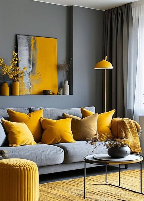 35 Stunning Yellow and Gray Living Room Ideas to Brighten Your Space 67 Grey And Mustard Living Room Ideas, Mustard Living Room Ideas, Grey Themed Living Room, Gray And Yellow Living Room, Mustard Living Room, Black Grey Living Room, Modern Italian Home, Grey Window Frames, Mustard Living Rooms