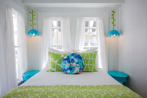 Room Ideas Funky, Airbnb Decor Room Ideas, Jane Coslick, White Adirondack Chairs, Beach Bedrooms, Stray Dog Designs, Funky Lighting, Beach House Tour, All White Room