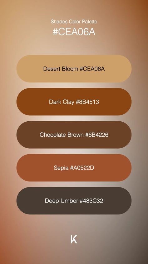 Shades Color Palette Desert Bloom #CEA06A · Dark Clay #8B4513 · Chocolate Brown #6B4226 · Sepia #A0522D · Deep Umber #483C32 Chestnut Color Palette, Melanin Color Palette, Sepia Color Palette, Chocolate Brown Color Palette, Color Palette Desert, Leather Color Palette, Colored Pencil Lessons, Tawny Brown, Sepia Color