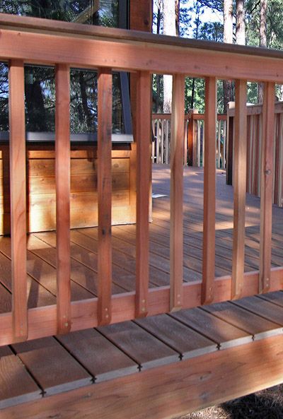 Redwood Railing on a Deck Spanish Home Exteriors, Trex Deck Designs, Redwood Deck, Glass Railing Deck, Wood Deck Railing, Front Porch Railings, Redwood Decking, Deck Railing Design, Deck Pictures