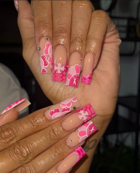 Pink Kaws, Acrylic Nails Nude, 2023 Pink, Acrylic Nail Set, Long Acrylic Nail Designs, Hard Nails, Colored Acrylic Nails, Girly Acrylic Nails, French Tip Acrylic Nails