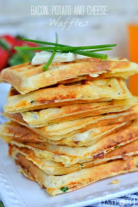 These freezer-friendly Bacon Potato and Cheese Waffles make school mornings just a little bit easier and a lot more yummy! Perfect for breakfast, brunch, or an after school snack! Food Closet, Recipes Waffles, Food Waffles, Bacon Cheese Potatoes, Perfect Potatoes, Iron Ideas, Waffle Iron Recipes, Mom On Timeout, Cheese Waffles