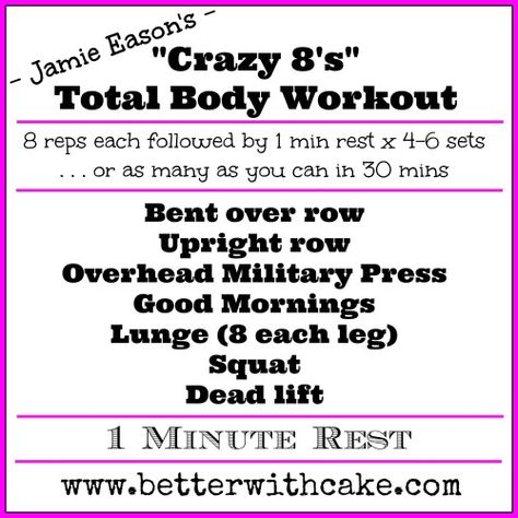 Fit Friday Fun – Jamie Eason’s Crazy 8’s Total Body Workout | Better with Cake Crazy 8 Workout, Workouts Splits, 300 Ab Workout, Accessory Workout, Emom Workout, Workout Shakes, Jamie Eason, Workout Of The Day, Friday Fun