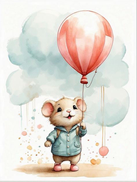 Hot Air Balloon Cartoon, Whimsical Art Paintings, Balloon Cartoon, Ink Wash Painting, Air Balloon Rides, Ink Wash, Free Poster, Dessin Adorable, Baby Art