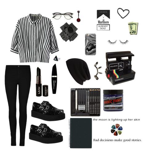 "•burst into flames, scream in the dark, im gonna light up this place and die in beautiful stars tonight•" by panic-at-the-fall-out-romance ❤ liked on Polyvore featuring Relaxfeel, River Island, Samsung, Max Factor, Market, NYX, Repossi and Manic Panic NYC