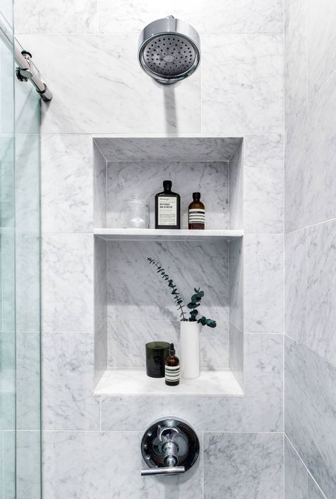 Greenwich Village - Contemporary - Bathroom - New York - by Megan Grehl | Houzz Shower Tub Niche Ideas, Bathroom Shower Niche Ideas Built Ins, Marble Shower Niche Ideas, Shower Niche On Shower Head Wall, Shower Niche With Shelf, Shower Shelving Ideas, Shower Niche Shelves, Niche Under Shower Head, Shower Built In Shelves