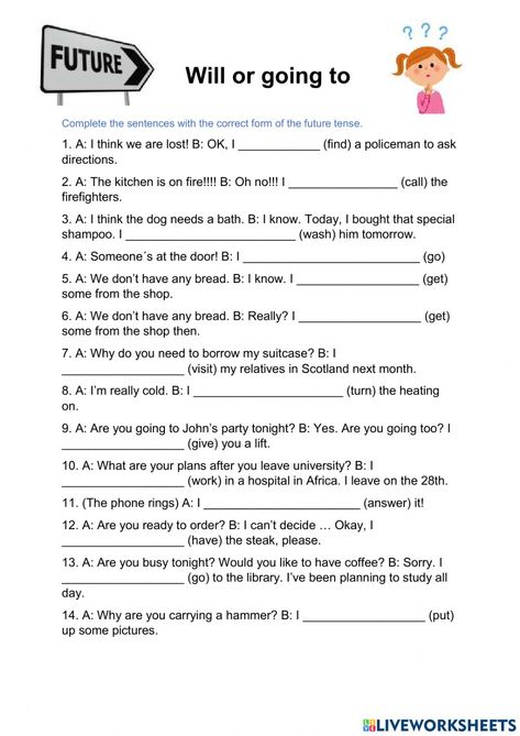 Future tenses online worksheet for Preintermediate. You can do the exercises online or download the worksheet as pdf. Future Tenses Worksheets, Simple Future Tense Worksheets, Future Simple Worksheet, Future Tense Worksheet, English Writing Exercises, Language Acquisition Theories, 12 Tenses, Irregular Plurals, Teach English To Kids