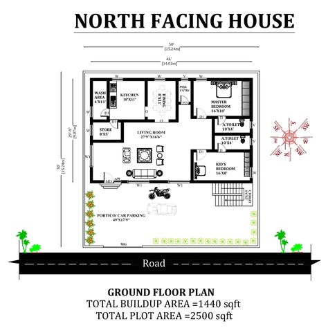 50'X50' North facing 2bhk Vastu house plan, - Cadbull North Facing House, Vastu House, Puja Room, The Staircase, Kid's Bedroom, Autocad, House Plan, Kids Bedroom, House Plans