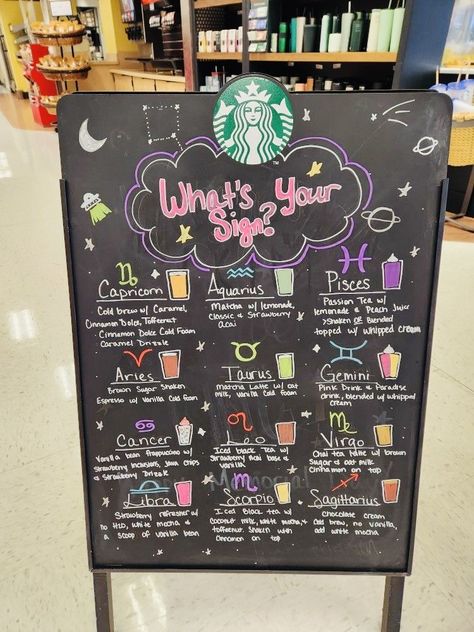 Zodiac Drinks, Blackboard Design, Starbucks Girl, Starbucks Drink Menu, Starbucks Art, Starbucks Secret Menu Recipes, Cold Starbucks Drinks, Starbucks Orders, Starbucks Drinks Diy