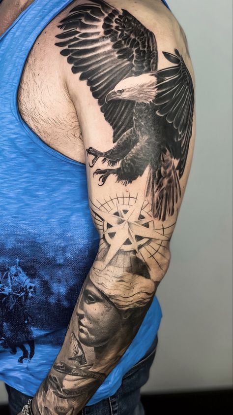 Eagle Full Sleeve Tattoo, Shoulder Eagle Tattoo, Eagle Face Tattoo, Eagle Symbolism, Latte Art Tattoo, Firefighter Tattoo Sleeve, Noah Tattoo, Tattoos Torso, Eagle Tattoo Arm