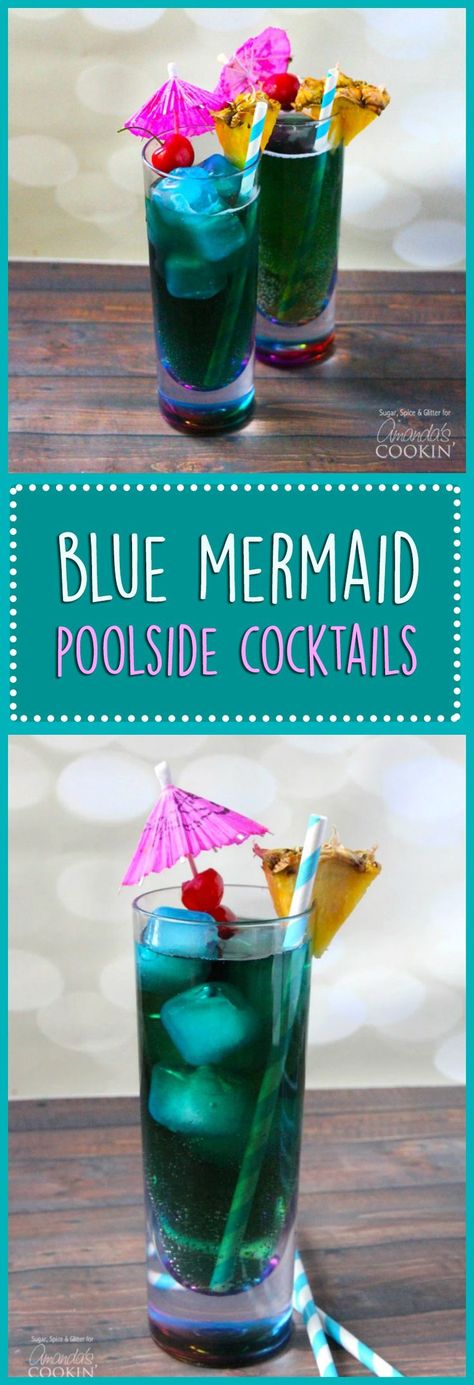 Blue drinks are popular, and this Blue Mermaid Cocktail is fun, if for nothing more than the name! Enjoy this blue mixed drink recipe this summer. Mixed Drink Ideas, Blueberry Gin, Disney Cocktails, Mermaid Cocktail, Mermaid Drink, Gin Sour, Alcholic Drinks, Blue Drinks, Drink Bar