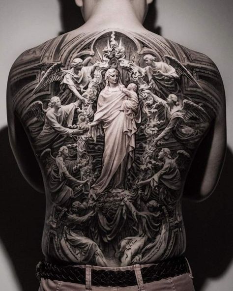 Roman Catholic Art Tattoo, Duomo Tattoo, Chest And Back Tattoo, Mother Mary Tattoos, Catholic Tattoos, Backpiece Tattoo, Chest Ideas, Mary Tattoo, Christ Tattoo