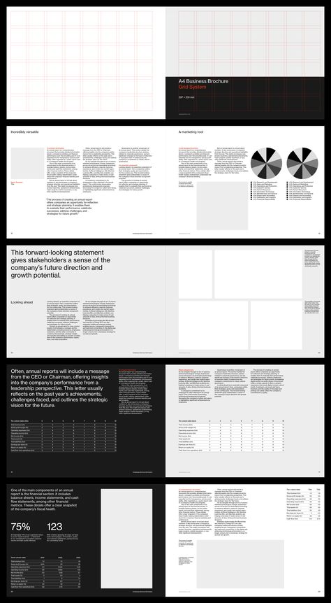 A4 Business Brochure / Report Grid System for InDesign. Shows visible grid system. Report Design Landscape Layout, Editorial Grid Layout, Swiss Style Brochure, Swiss Style Presentation Design, A4 Landscape Layout Design, A4 Portfolio Layout, Landscape Report Design, Landscape Book Layout, Landscape Magazine Layout