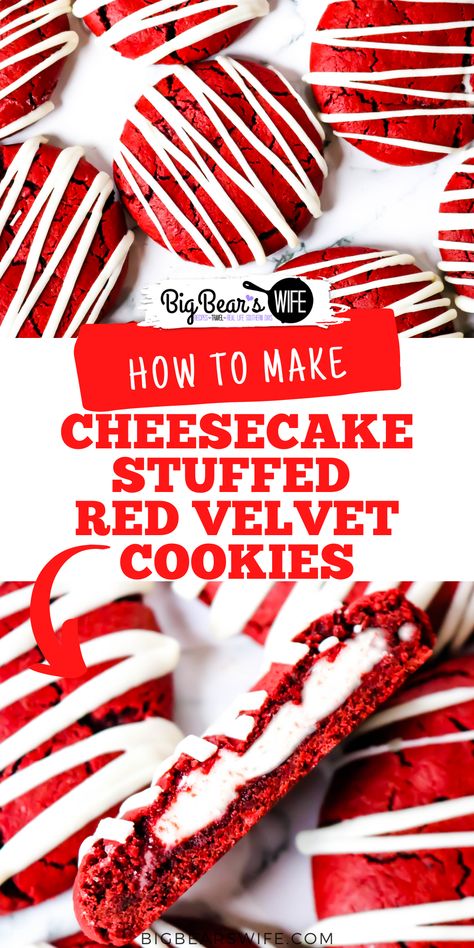 Cheesecake Filled Cookies Recipes, Red Velvet Cookies Stuffed, Red Velvet Cheesecake Stuffed Cookies, Stuffed Cheesecake Cookies, Cheesecake Filling For Cookies, Cream Cheese Stuffed Red Velvet Cookies, How To Make Stuffed Cookies, Red Velvet Stuffed Cookies, Cheesecake Filled Cookies