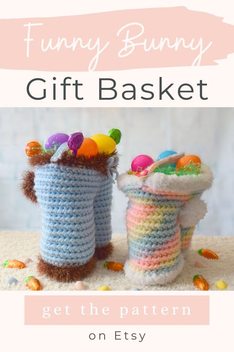 Crochet Basket Pattern for an easter basket that looks like a bunny wearing pants. Easter Basket Crochet, Bunny Pants, Quick Crochet Gifts, Crochet Easter Basket, Easter Patterns, Crochet Easter, Pants Gift, Crochet Bunny Pattern, Easter Crochet Patterns