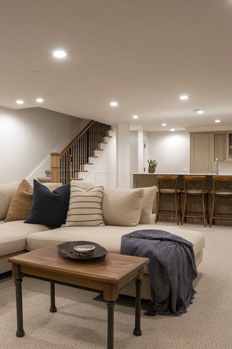 Some Thoughts On Basement Makeovers – Everyday Inspo Old Home Basement, Walk Out Basement Interior, Moody Basement Living Room, Walkout Basement Interior, Cozy Basement Paint Colors, Cute Basement Ideas, Lvp Basement, Loft Area Ideas, Coastal Basement