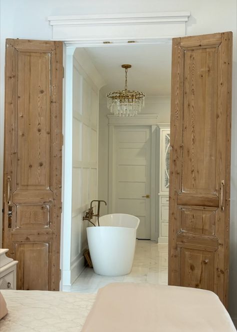 Double Door Master Bed, Double Door Bathroom Entry, Master Bath Door Ideas, Door To Master Bath, Master Bath Door, Bathroom Double Doors, Double Door Bathroom, Double Pocket Door, Craftsman Bathroom