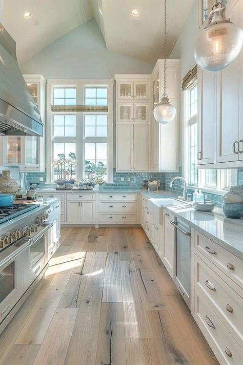 Modern California Coastal Kitchen, Coastal Kitchen White Cabinets, Farmhouse Beach Kitchen, Beach Boho Kitchen, Coastal Kitchen Renovation, Beach Condo Kitchen Remodel, Coastal Boho Interior Beach Houses, Beach House Aesthetic Kitchen, Coastal Granddaughter Kitchen