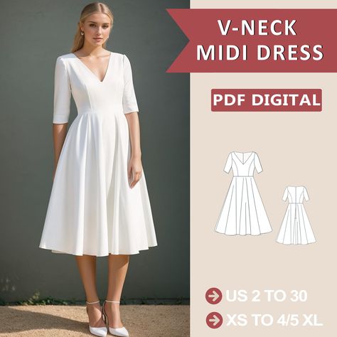 V- Ausschnitt Midi Sommerkleid Schnittmuster, Easy Dress Schnittmuster, Abendkleid, Cocktailkleid, Kreis Kleid Schnittmuster, Abschlussballkleid, XS-4XL Formal Midi Dress Pattern, V Neck Dress Pattern Sewing, Elegant Dress Patterns, Circle Dress Pattern, Pattern Prom Dress, Easy Dress Pattern, Summer Dress Sewing Pattern, Summer Dress Sewing, Stylish Sewing Patterns