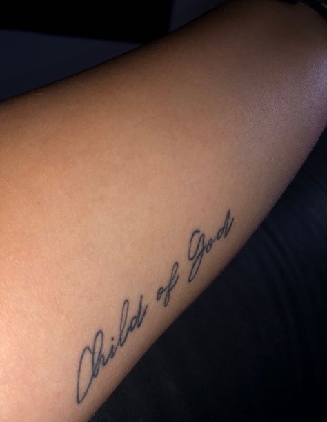 #tattoo #cursivetattoo #childofgodtattoo Gods Child Tattoo, Child Tattoo, Cursive Tattoos, About God, Collar Bone, Child Of God, Stick And Poke, Tattoos For Kids, I Tattoo