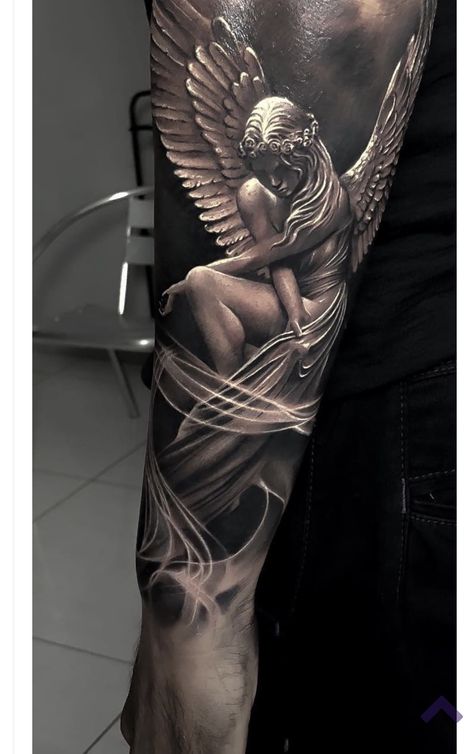 Realistic Dove Tattoo, Couple Tats, Angel Sleeve Tattoo, Christus Tattoo, Suit Tattoo, Tato Salib, Fallen Angel Tattoo, Guardian Angel Tattoo, Chest Ideas