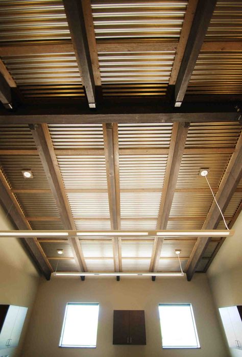 Barndominium Ceilings, Bridger Steel, Corrugated Ceiling, Corrugated Tin Ceiling, Metal Buildings With Living Quarters, Metal Shop Building, Metal Building Kits, Metal Barn Homes, Corrugated Tin