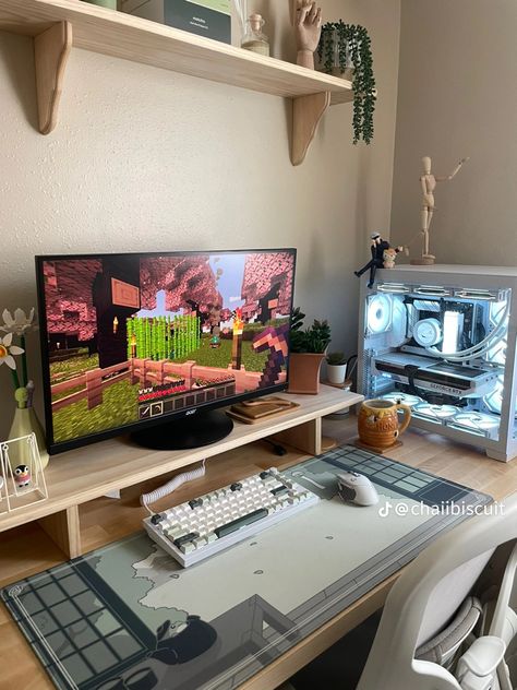 #setup #ps5 Wall Desk, Gaming Room Setup, Pc Setup, Cottage Living, Cozy Decor, Room Setup, Room Tour, Desk Setup, Earthy Tones