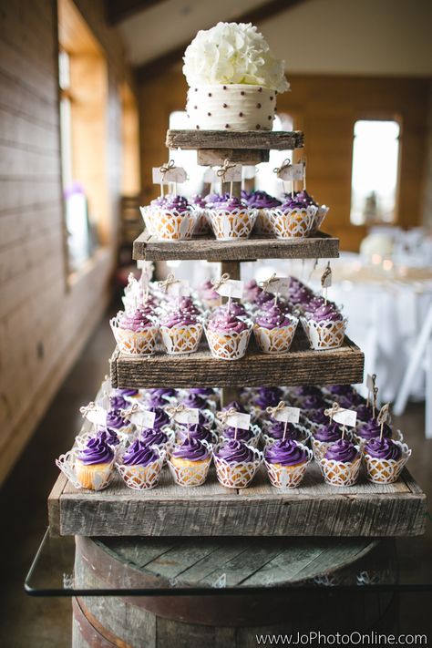 Rustic Cupcake Stand - Cupcakes - Cake Alternatives - Wedding Ideas - Farm Wedding - Knoxville TN - Flowers for cupcakes - Wood slice - Barn Wood - Purple - Ivory - Burlap and Lace - www.lisafosterdesign.com Wedding Cake With Cupcakes, Rustic Wedding Cake Stand, Cake With Cupcakes, Rustic Cupcake Stands, Wedding Cupcakes Rustic, Alternative Wedding Cakes, Rustic Cupcakes, Purple Wedding Cake, Rustic Cake Stands