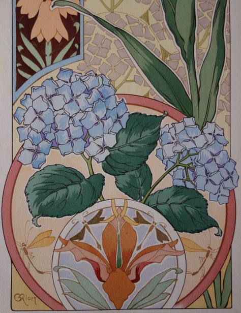 Art Nouveau Hydrangea, Watercolor Stencil, Nouveau Flowers, 1970s Art, Contemporary Art Deco, Art Nouveau Flowers, Stencil Printing, Sleeve Ideas, Alberto Giacometti