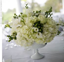 Milk glass Glass Wedding Centerpieces, Milk Glass Centerpiece, Milk Glass Wedding, Mother's Milk, Green Centerpieces, Gold Centerpieces, White Centerpiece, White Hydrangeas, Glass Wedding