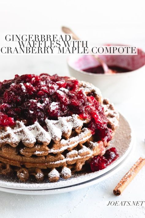 Gingerbread waffles with cranberry maple compote are a delicious holiday breakfast to entertain with this Christmas season. Get this warm and festive recipe at joeats.net. #breakfast #holiday #christmasrecipe #holidaybreakfast #brunch #waffles #gingerbreadwaffles #joeats Christmas Breakfast Recipes, Gingerbread Waffles, Brunch Waffles, Christmas Waffles, Gingerbread Dessert, Holiday Flavors, Gingerbread Art, Gingerbread Spice, Christmas Breakfast Recipe