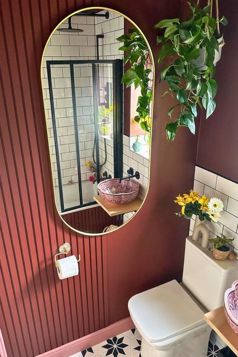 35 Small Bathroom Ideas – The Crafty Hacks Maroon Bathroom, Oval Mirror Bathroom, Very Small Bathroom, Small Toilet Room, Eclectic Bathroom, Downstairs Toilet, Toilet Room, Small Toilet, Recessed Wall