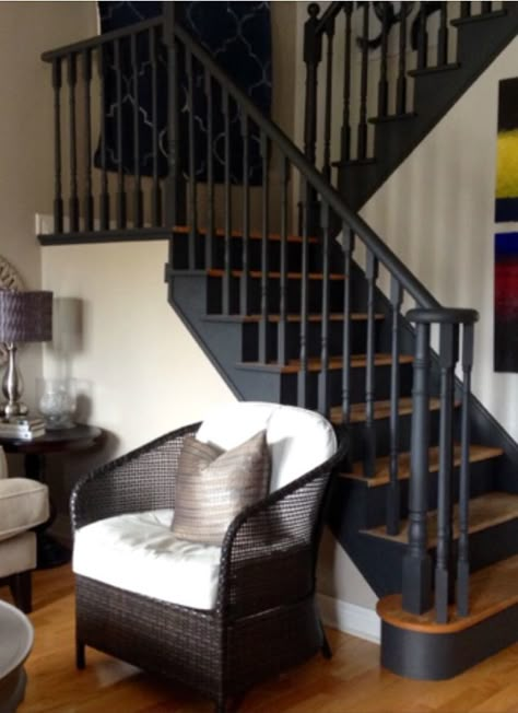 Diy Painted Stairs, Painted Stairs Makeover, Painted Stair Risers, Stairs Black, Stairs Makeover Design, Black Stairs, Painted Staircases, Stairs Stringer, Stair Makeover