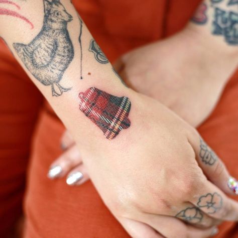 Handpoked, Scottish Tartan Pattern Bell (6 hrs work). Tartan Tattoo, Scotland Tattoo, Patriotic Tattoos, Wrist Tattoos For Guys, Small Wrist Tattoos, Hand Poke, European Culture, Tattoos Gallery, Scottish Tartans