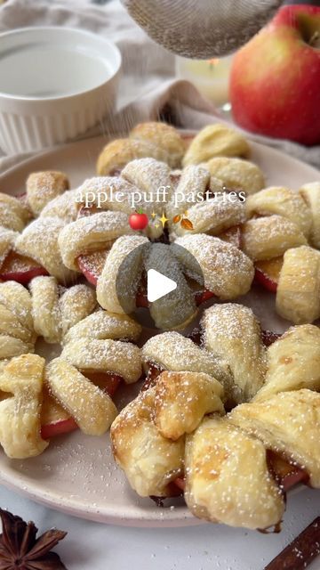 Gabriela Dimova on Instagram: "✨Apple Puff Pastry Rings✨

These puff pastry rings look so cute and fancy, but they couldn’t be easier to make and are the perfect fall dessert🥰

✨Ingredients
puff pastry
1-2 apples
coconut sugar (or other granulated sugar)
vegan butter
powdered sugar (optional)

✨Directions
Cut an apple horizontally and use a round object or knife to cut out the middle core of the apple.

Pour sugar into a shallow dish and cover both sides of the apple in sugar.

Cut the puff pastry into long strips. Then weave the puff pastry around the apple. You may have to use more than one strip to cover each apple.

Place the apple puffs onto a baking sheet, then bake at 400*F for 15-20 minutes.

Dust some powdered sugar on top and enjoy!

#baking #dessert #breakfast" Food Collage, Apple Pastry, Apple Puff Pastry, Dessert Breakfast, Dessert Ingredients, Fall Dessert, Vegan Butter, Fall Desserts, Coconut Sugar