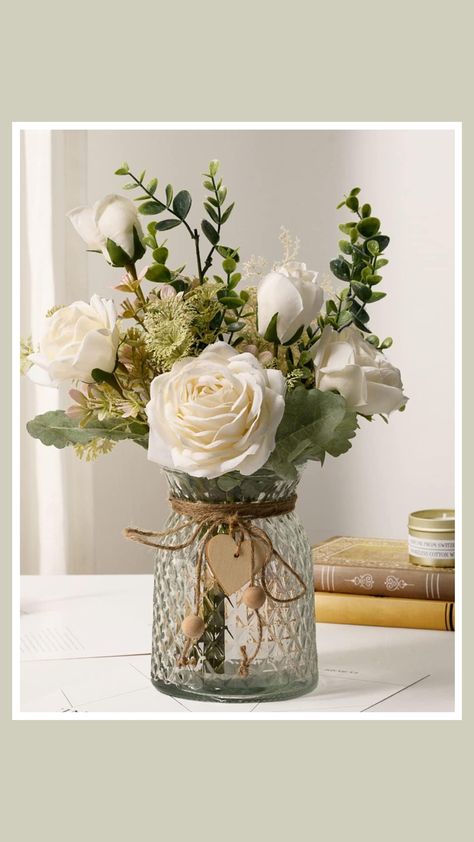 Fake Flower Vase Ideas, Fake Flowers Arrangements, Artificial Flowers In Vase, Flowers With Vase, Decoration Dining Table, Eucalyptus Flowers, Nik Naks, Prayer Room Ideas, Fake Flower Arrangements