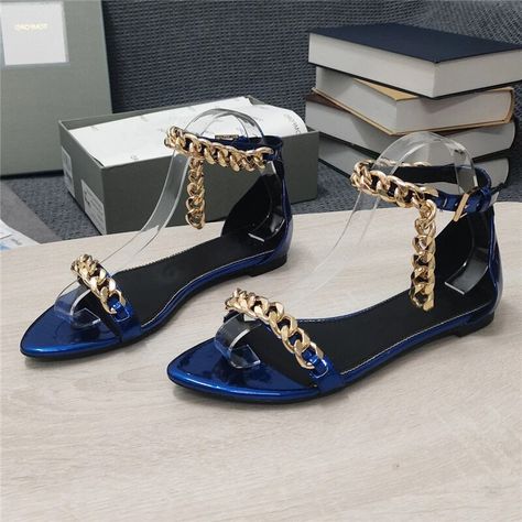 VCSHOES Chains Embellished One-Strap Sandals Women Flat Heel Open Toe Patent Leather Multicolor Outwear Shoes as show-35 Multicolor Shoes, Strap Sandals Women, Sandals Women, Strap Sandals, Summer Shoes, Womens Flats, Patent Leather, Open Toe, Shoe Bag