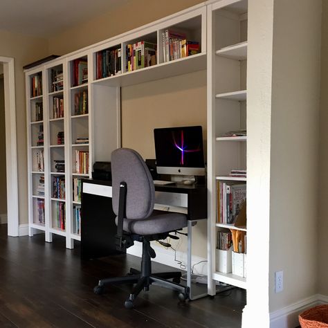 IKEA bookshelf desk built-in Bookshelves With Desk, Kallax Desk, Ikea Hack Bookcase, Bookshelf Ikea, Ikea Bookshelf, Desk With Bookshelf, Ikea Office, Entertainment Center Shelf, Office Shelving