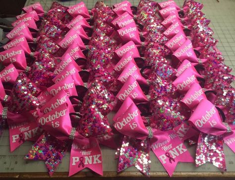 Cheerleading Pink Out Ideas, October Cheer Ideas, Pink Out Cheer Bows, Pink Out Cheer, Cheerleader Ideas, Cheer Swag, Cheer Bows Diy, Pink Cheer Bows, Bedazzled Liquor Bottles