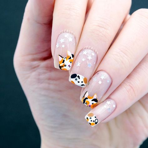 Stephanie - Nail Artist & Luxe Nail Polish Maker | Peek-a-boo calico kitties & calico puppies! Plus a close up of one of the kitties because it was my favorite one :3 .. Pale pink jelly… | Instagram Calico Cat Nails, Calico Nails, Puppy Nails, Cat And Puppy, Dog Nail Art, Jelly Nail Polish, Cat Nail Art, Jelly Nail, Summery Nails