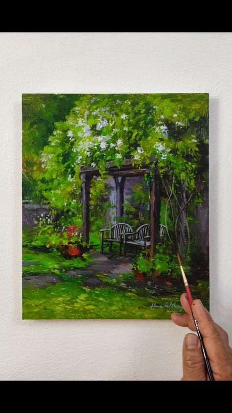 Bench Landscape, Garden Painting Art, Flowers Morning, Acrylic Inspiration, Texture Paintings, Big Painting, Greenery Flowers, Paper Garden, Oil Painting Tips