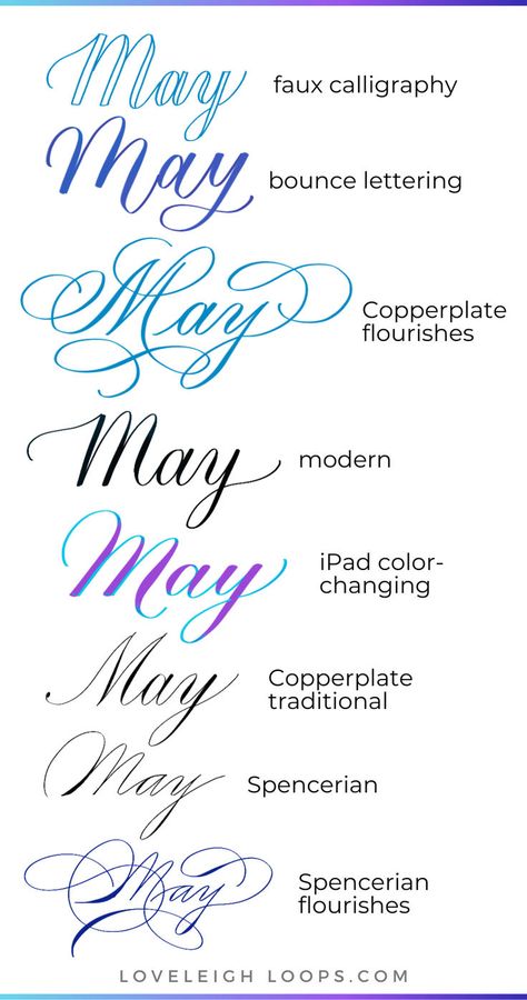 Want to learn how to write May in calligraphy? The month of May is an easy way to learn calligraphy as it is a short an easy word to write. Here you'll find a calligraphy tutorial that shows you the ins and outs of the month May in calligraphy in faux calligraphy, Copperplate, bounce lettering, flourishes and more. If you want to learn calligraphy then this lettering guide is an excellent place to start. Follow Loveleigh Loops for more lettering tutorials and calligraphy guides. Month Calligraphy Hand Lettering, May Calligraphy, Cursive Styles, Lettering Flourishes, Calendar Calligraphy, Calligraphy Flourishes, Bounce Lettering, Easy Lettering, Calligraphy Copperplate