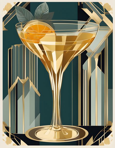 Art-Deco Guilded Cocktail Digital Print Art Deco New Year, Art Deco Stickers, Art Deco Signs, Cocktail Lounge Aesthetic, Art Deco Illustration Graphics, Art Deco Speakeasy, Art Deco Event, Art Deco Colours, Posters Art Deco