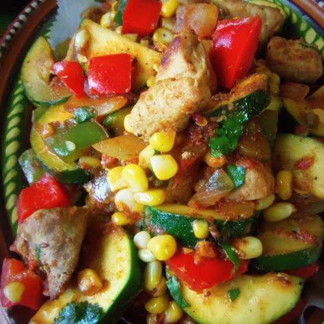 Carne de Puerco con Calabacitas y Elote (Pork Sirloin With Zucchini & Corn) Recipe by Lisa M - Key Ingredient Calabacitas Recipe, Elote Recipe, Zucchini Corn, Pork Sirloin, Recipe Pork, Hispanic Kitchen, Mexican Corn, Pork Meat, Mexican Cooking