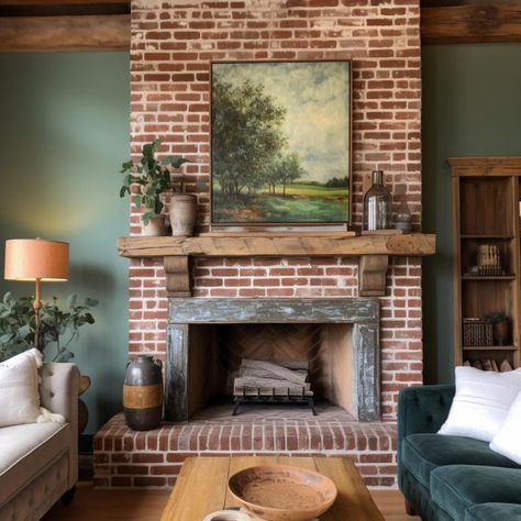 29 Gorgeous Spring Mantel Decorations To Welcome the Season Cottage Fall Decor, Brick Fireplace Decor, Fall Porch Ideas, Mantle Design, Brick Living Room, Spring Mantle, Cottage Fireplace, White Mantel, Spring Mantel